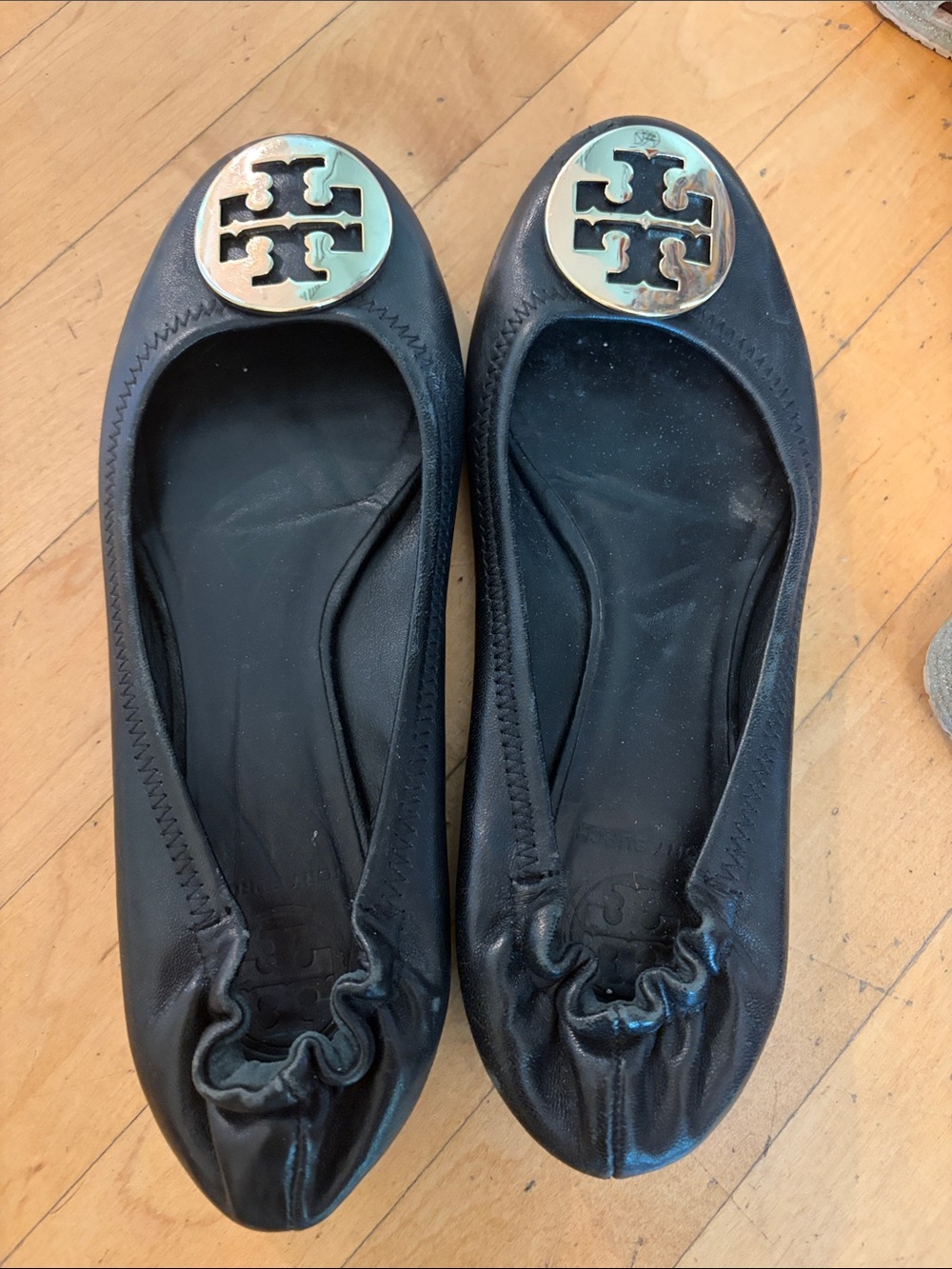 Tory Burch Black Leather Logo Ballet Flats with Gold Medallions